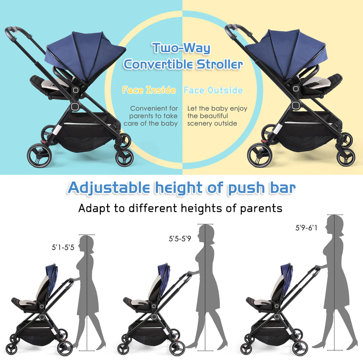 Easy Fold Baby Stroller Lightweight High Landscape Infant Pushchair with Reversible Seat, Blue