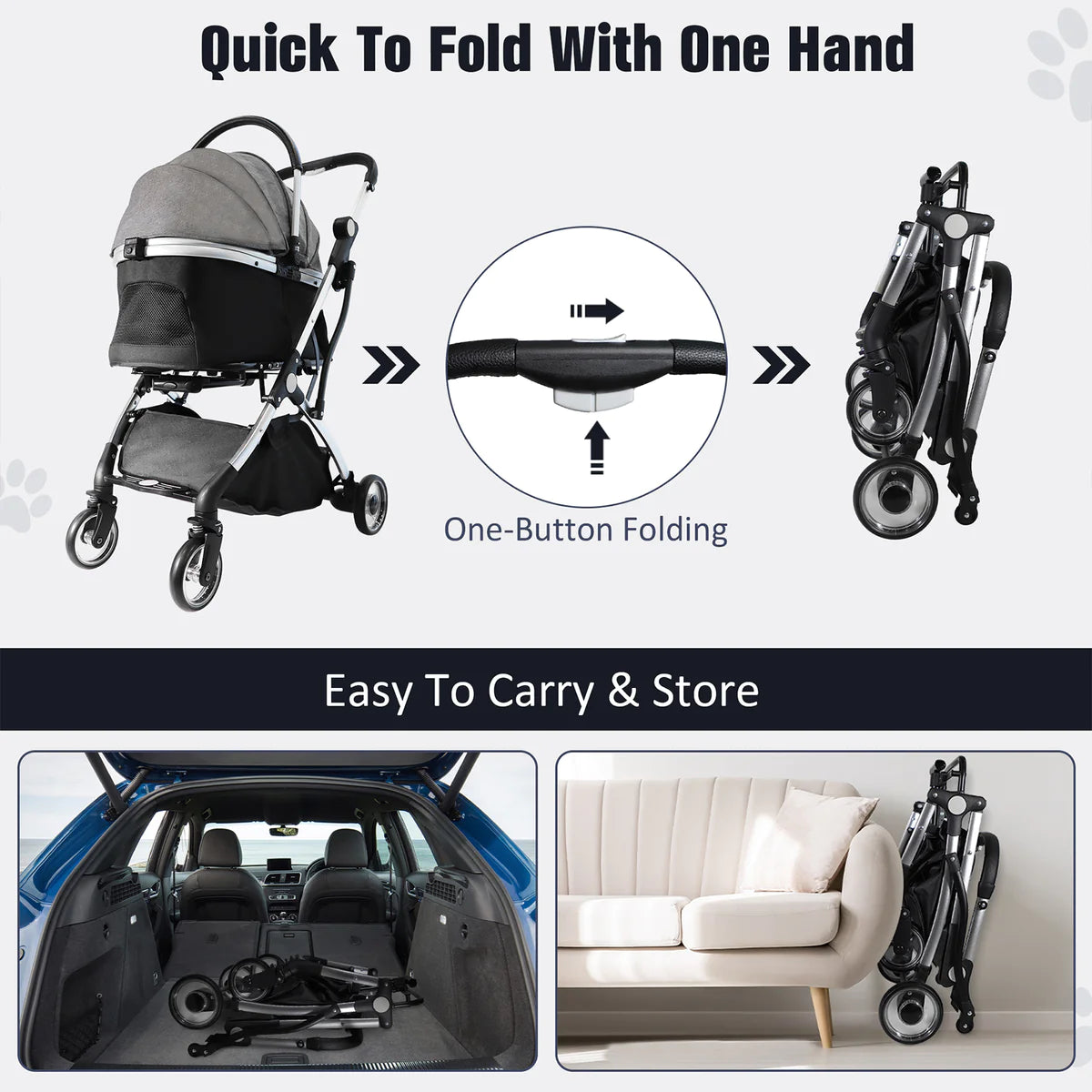 Pet Stroller for Small Dogs Cats, Stroller with Detachable Carrier, Telescopic Handle, One-Hand Quick Fold