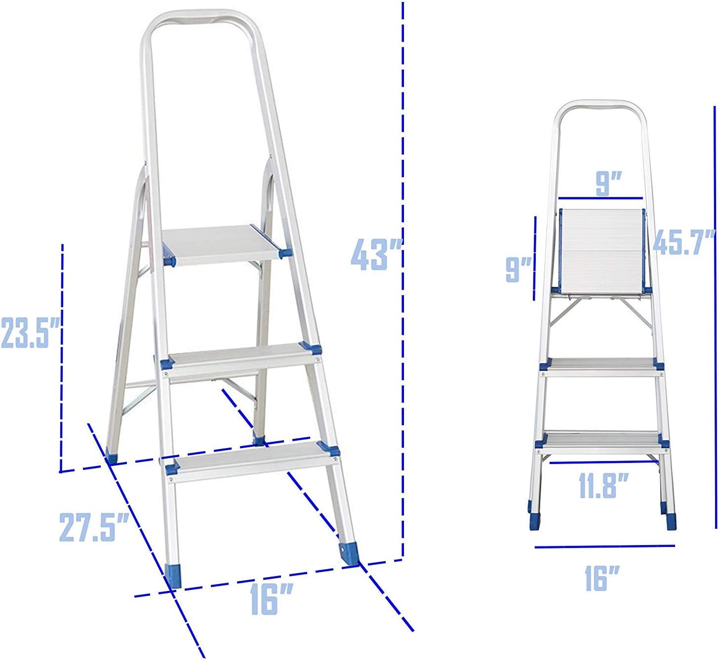 3 Step Non-Slip Aluminum Ladder Folding Platform Stool with 330 lbs Load Capacity Silver