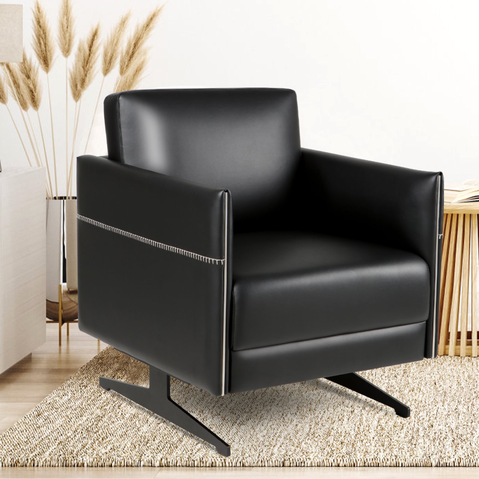 Modern Faux Leather Loveseat Sofa Couch with Metal Base, Multi-Layered Sponge with Mattress Level Spring on Seat Support, Pillowed Back Cushions and Arms, 51  W, Easy Assembly, Black