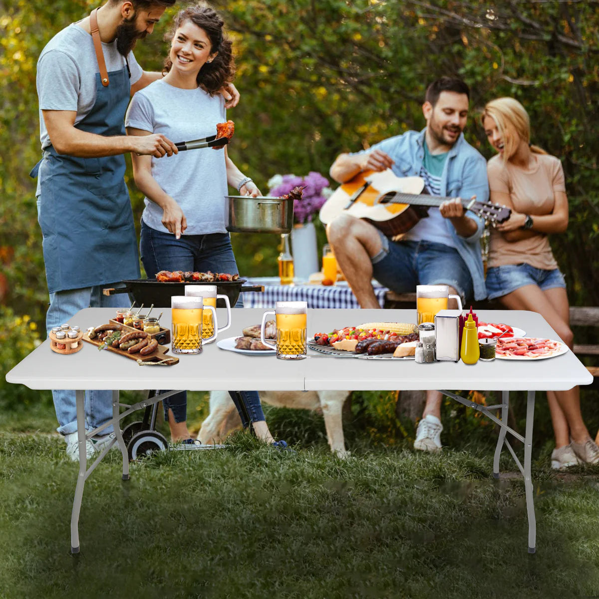Plastic Tabletop Folding Portable Outdoor Picnic Table, Rectangle, White