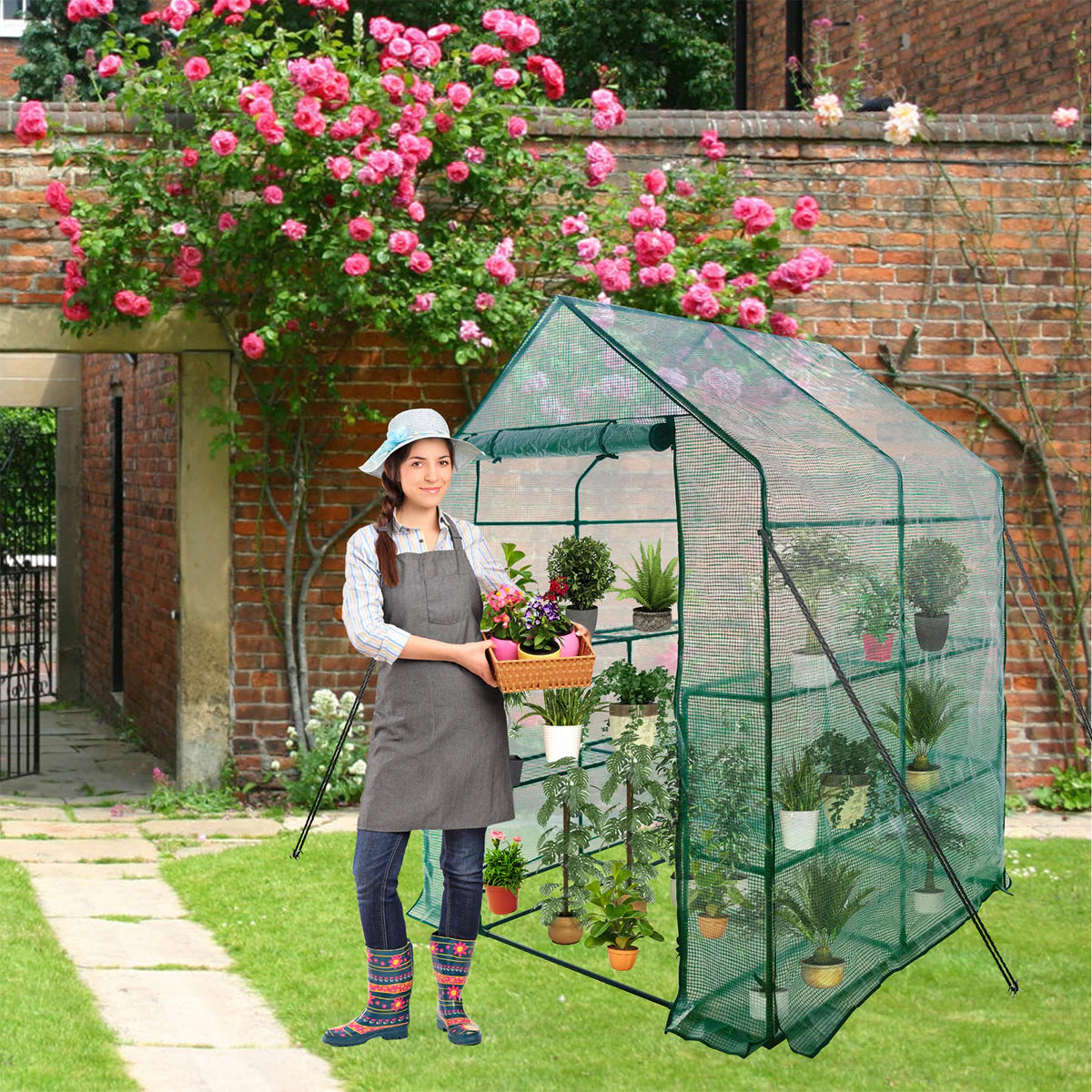 8 Shelves Walk-in Greenhouse Metal Shelf with Cover Pot Available