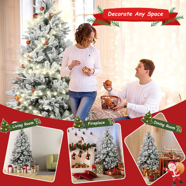 6.9' Artificial Christmas Tree with 1150 Branch Tips, Pine Cones and Red Berries, Snow Flocked, Green | karmasfar.com