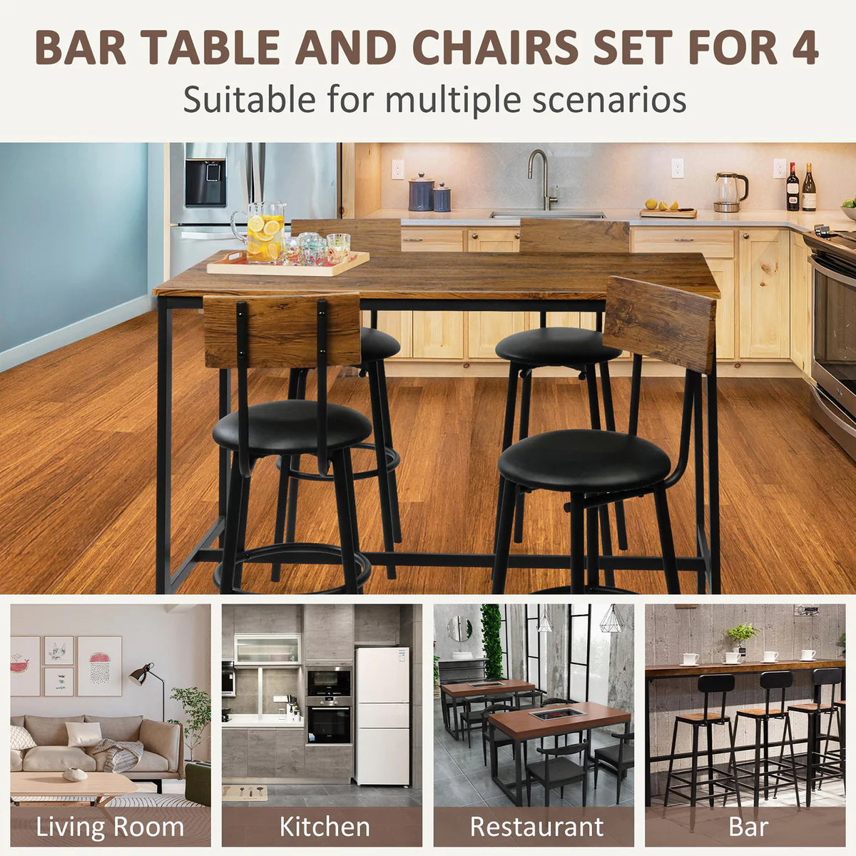 5 Piece Dining Bar Table Set, 1 Bar Table 47.3  for 4 with 4 Upholstered Bar Stools