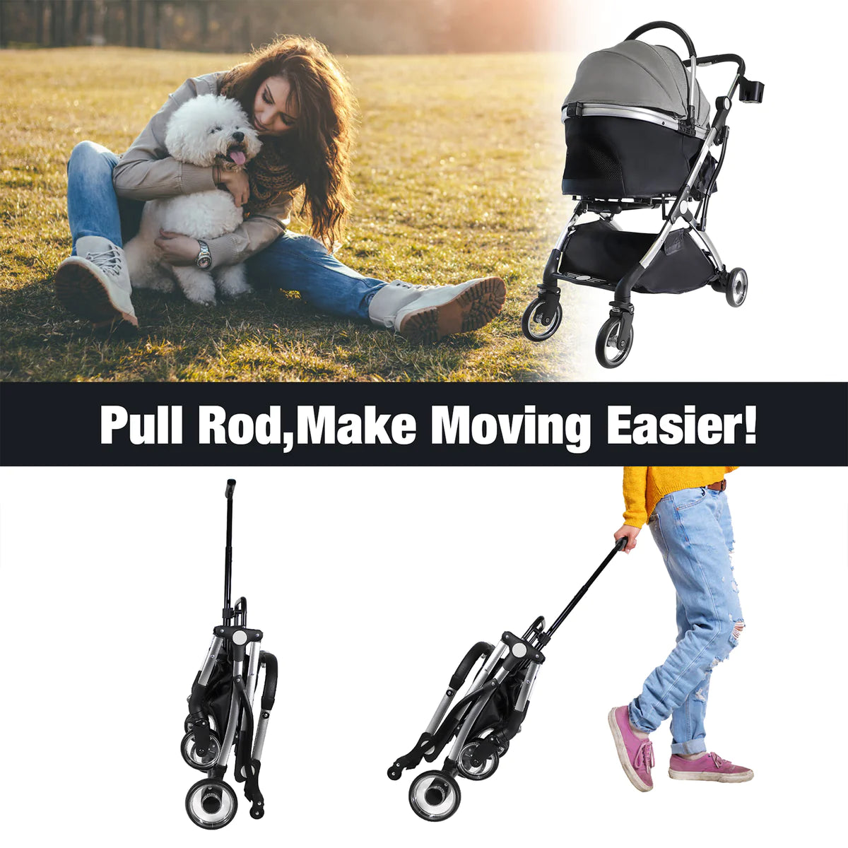 Pet Stroller for Small Dogs Cats, Stroller with Detachable Carrier, Telescopic Handle, One-Hand Quick Fold