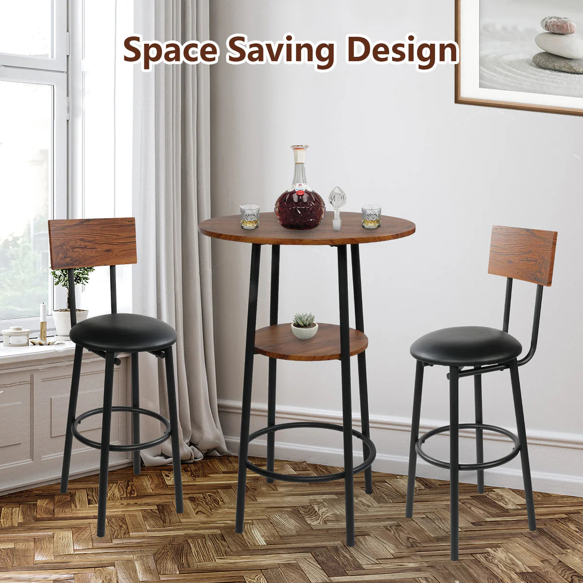 Round Bar Table Set, 2-Tier Table 23.6  for 2 with 2 Upholstered Bar Stools with Backrest
