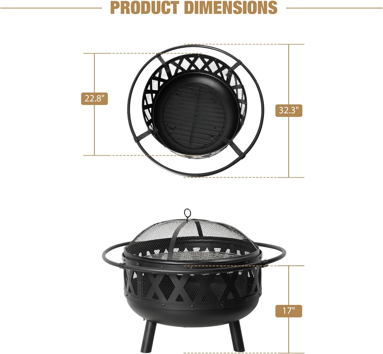 2-in-1  Outdoor Wood Burning Round Fire Pit with Steel BBQ Grill, Spark Screen, Black