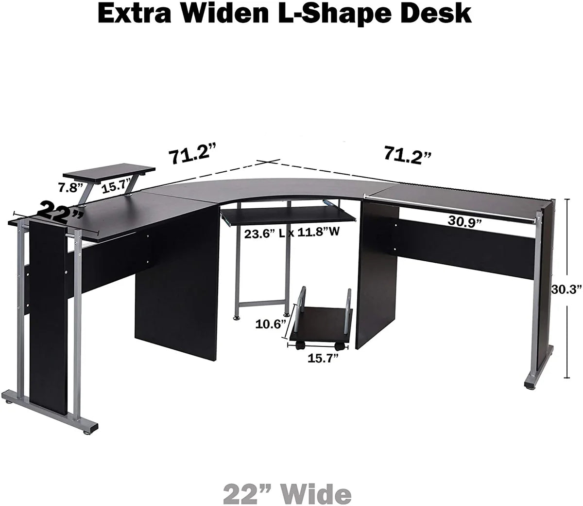 71  L Shaped Gaming Desk with Monitor Stand Keyboard Tray Home Office Large Computer Corner Desk, Black