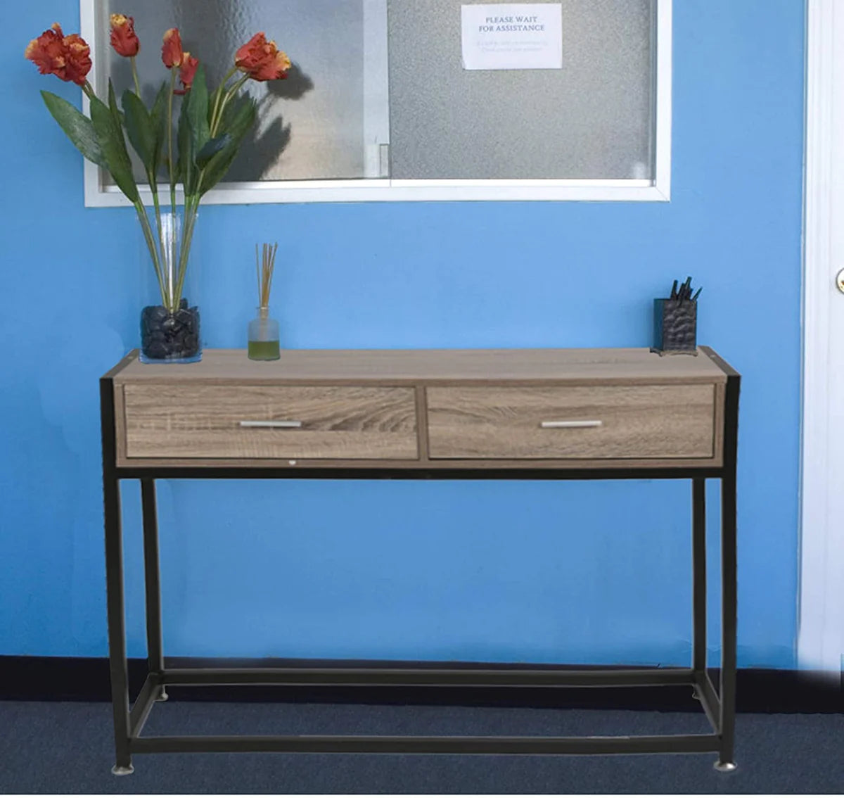 Metal Frame Desk  Wooden Table and Drawers,Oak and Black