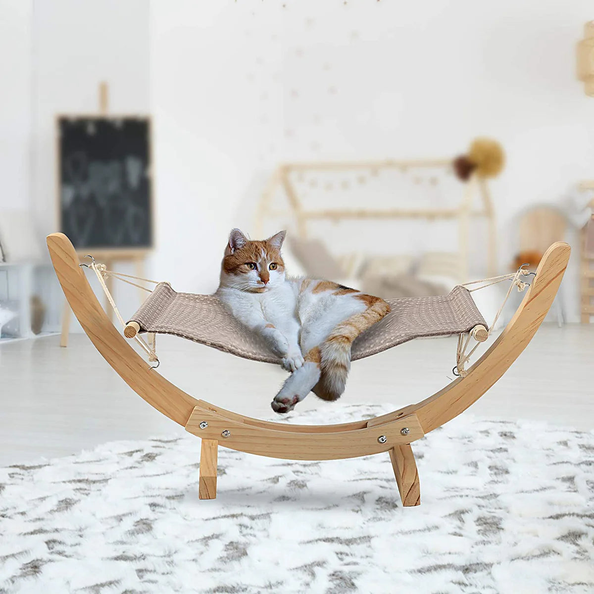 Cat Hammock Bed Pet Hanging Bed with Solid Wood Stand Heavy Duty Pet Perch for Kitty Sleeping and Playing
