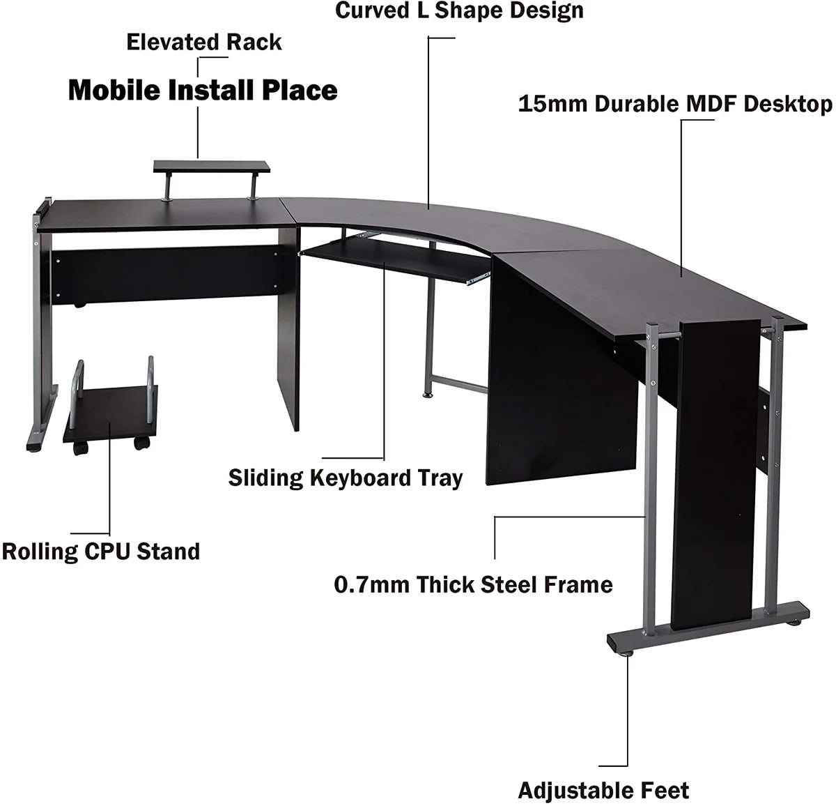 71  L Shaped Gaming Desk with Monitor Stand Keyboard Tray Home Office Large Computer Corner Desk, Black