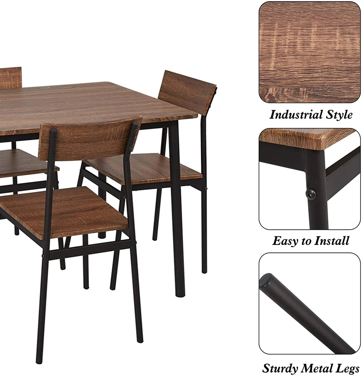 5 Piece Dining Table Set, 1 Dining Table 43.3  for 4 with 4 Dining Chairs Rustic Wooden Dinette, Wood Backrest