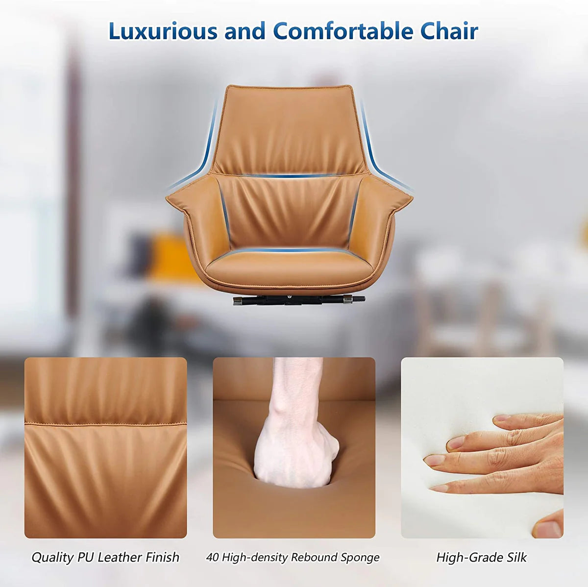 Height Adjustable PU Upholstered Modern Office Chair with Tiltable Back, Yellow，360° Swivel  | karmasfar.us    