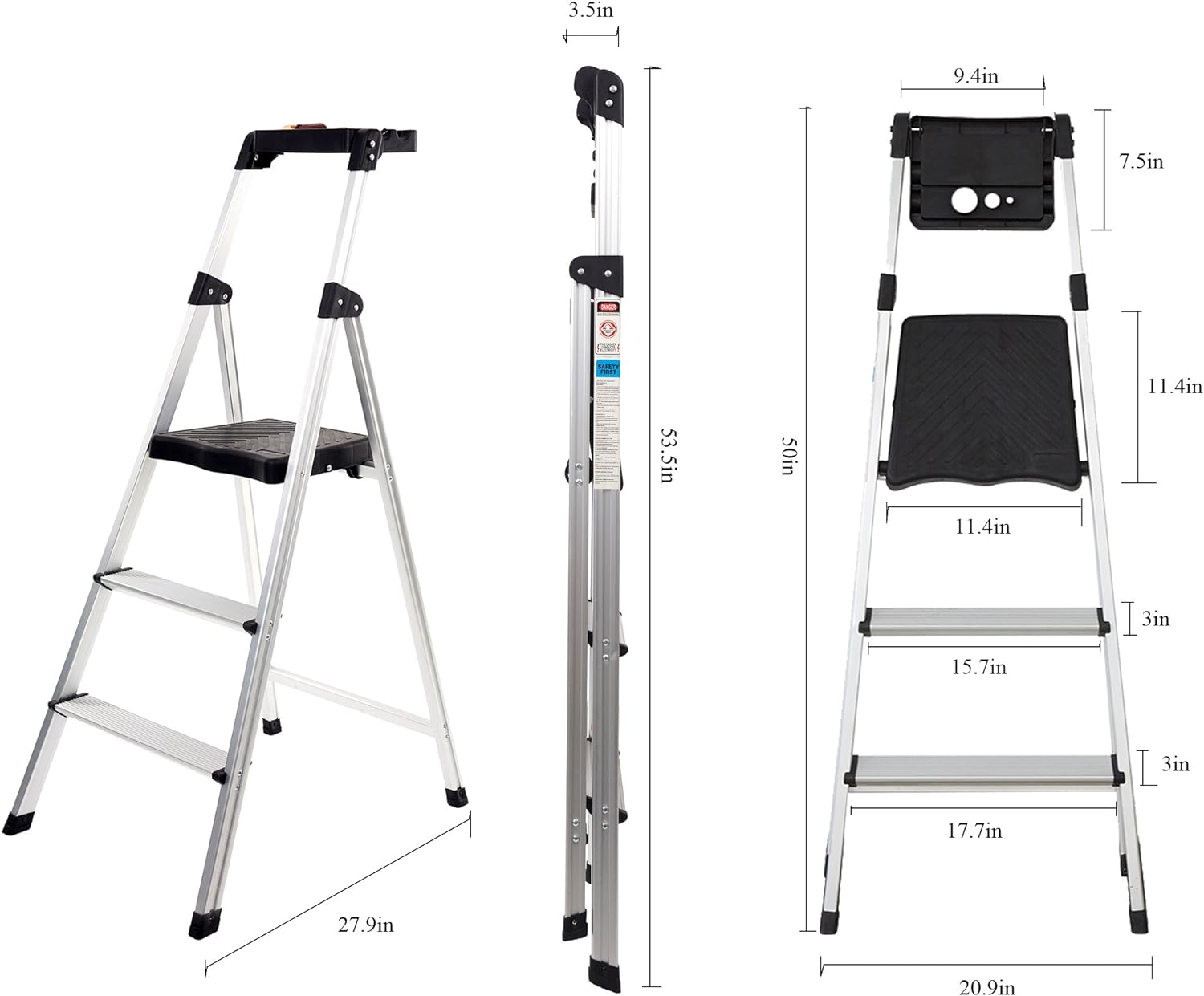 3 Step Ladder with Project Tray Folding Step Stool Lightweight Aluminum Anti-Slip Step Support 330 lbs
