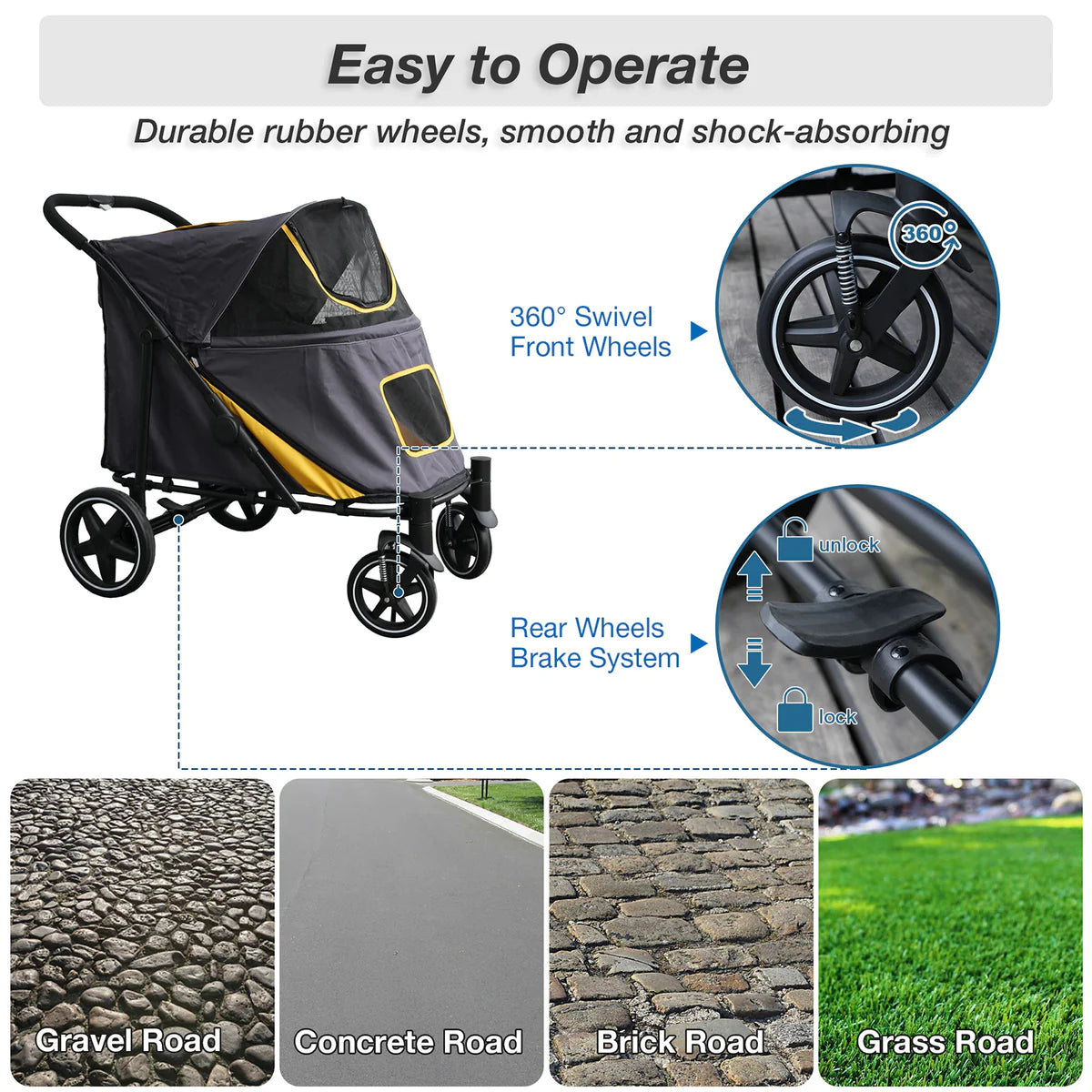 Foldable Pet Stroller Travel Carrier with Storage Pocket, Breathable Mesh, Gray and Yellow | karmasfar.us