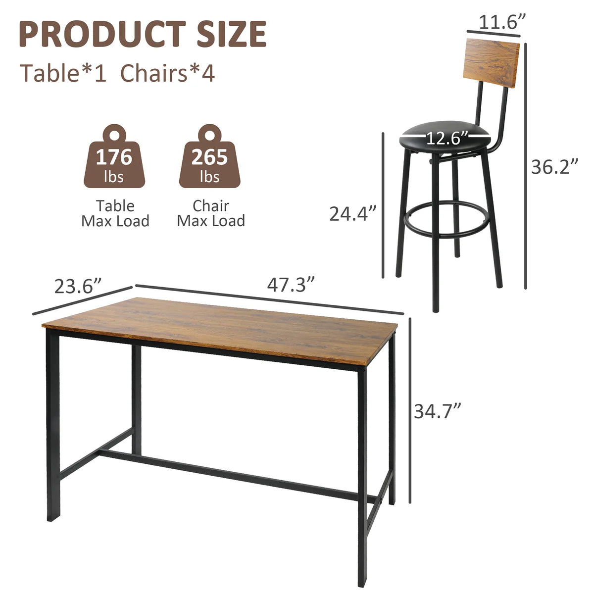 5 Piece Dining Bar Table Set, 1 Bar Table 47.3  for 4 with 4 Upholstered Bar Stools