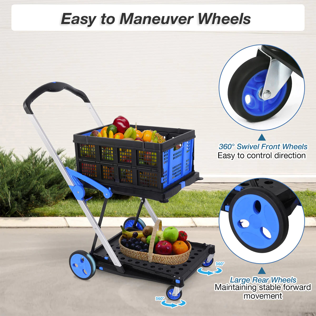 Double deck Multi-Functional Collapsible Carts Foldable Trolley with Storage Crate Rolling Swivel Wheels