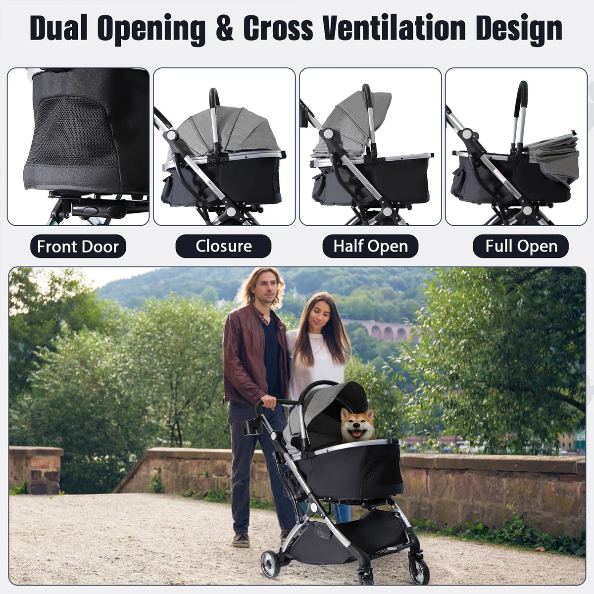 Pet Stroller for Small Dogs Cats, Stroller with Detachable Carrier, Telescopic Handle, One-Hand Quick Fold