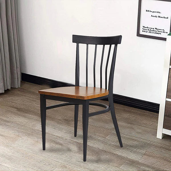 2 Set of Dining Side Chairs Natural Wood Seat Iron Frame Kitchen Chairs, Comb Back Black | karmasfar.us