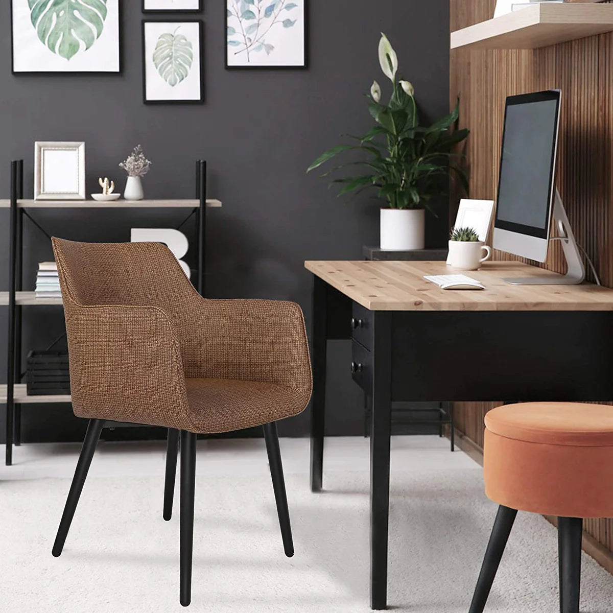 Mid Century Modern Dining Chair,Office Reception Waiting Room Guest Chair Upholstered Accent Chair with Arms, Coffee/Brown