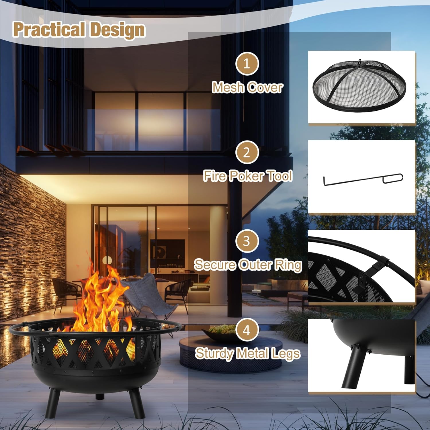 2-in-1  Outdoor Wood Burning Round Fire Pit with Steel BBQ Grill, Spark Screen, Black