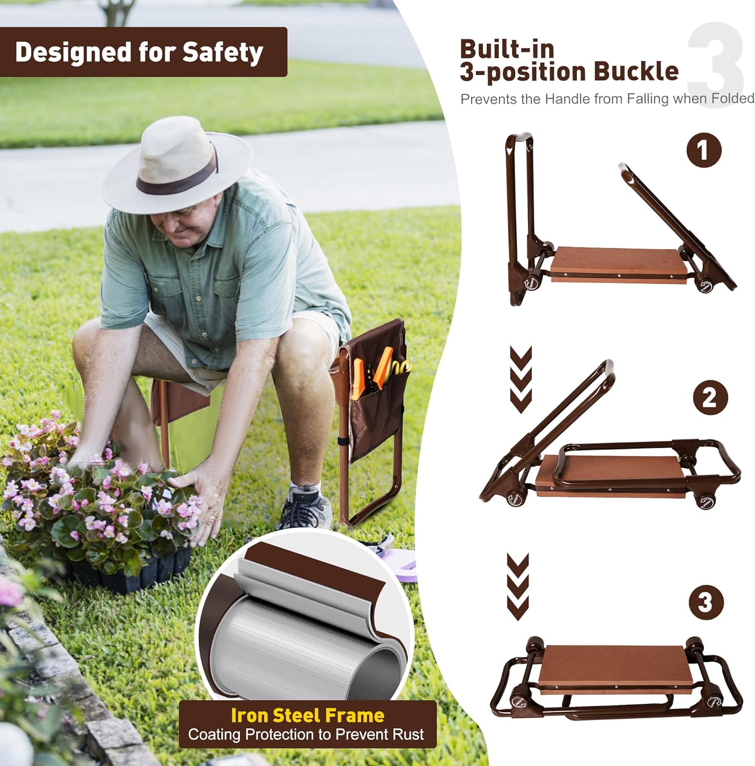 Garden Kneeler and Seat Bench, Heavy Duty Lightweight Garden Stool with 2 Tool Pouches
