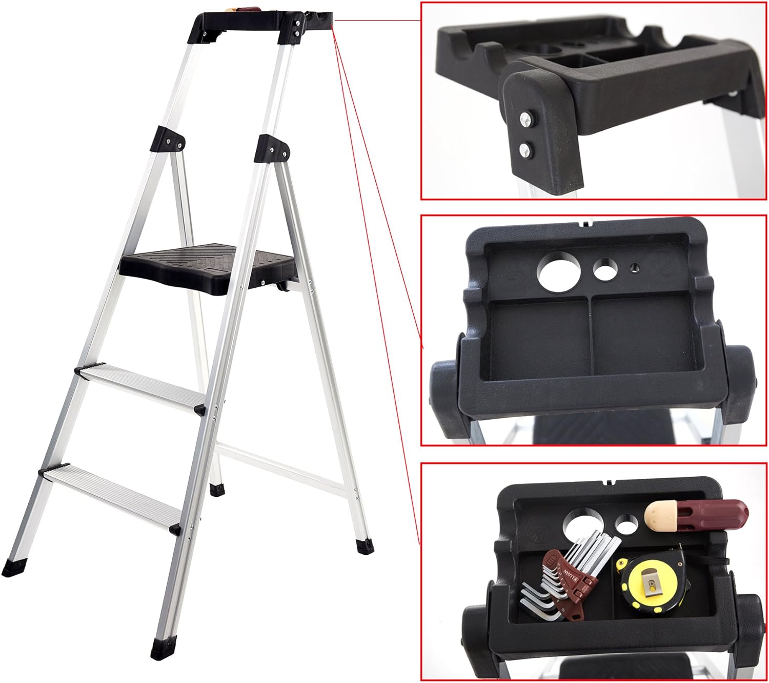 3 Step Ladder with Project Tray Folding Step Stool Lightweight Aluminum Anti-Slip Step Support 330 lbs