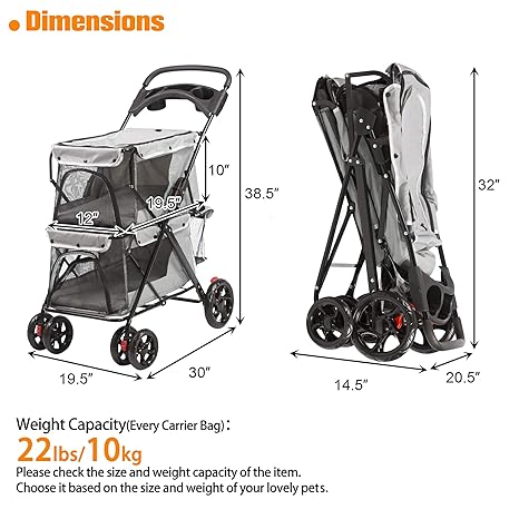 Double Pet Stroller for 2 Cats Dogs, 4 Wheels Foldable Cat Stroller, Dog Stroller for Small Medium Pets