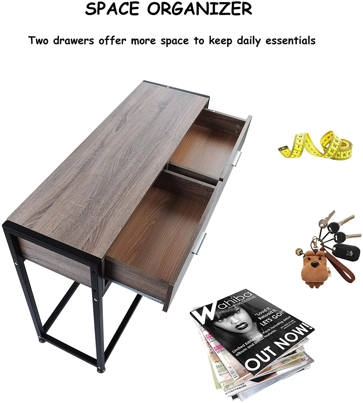 Metal Frame Desk  Wooden Table and Drawers,Oak and Black