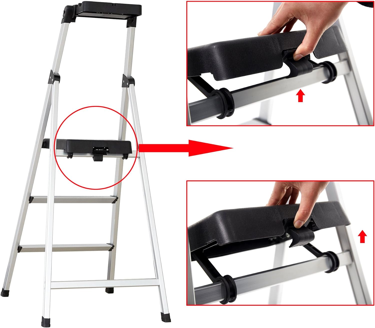 3 Step Ladder with Project Tray Folding Step Stool Lightweight Aluminum Anti-Slip Step Support 330 lbs