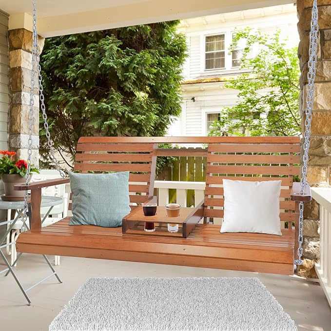 Wooden Outdoor Lounge Chair, Two-Person Swing with Folding Cup Set
