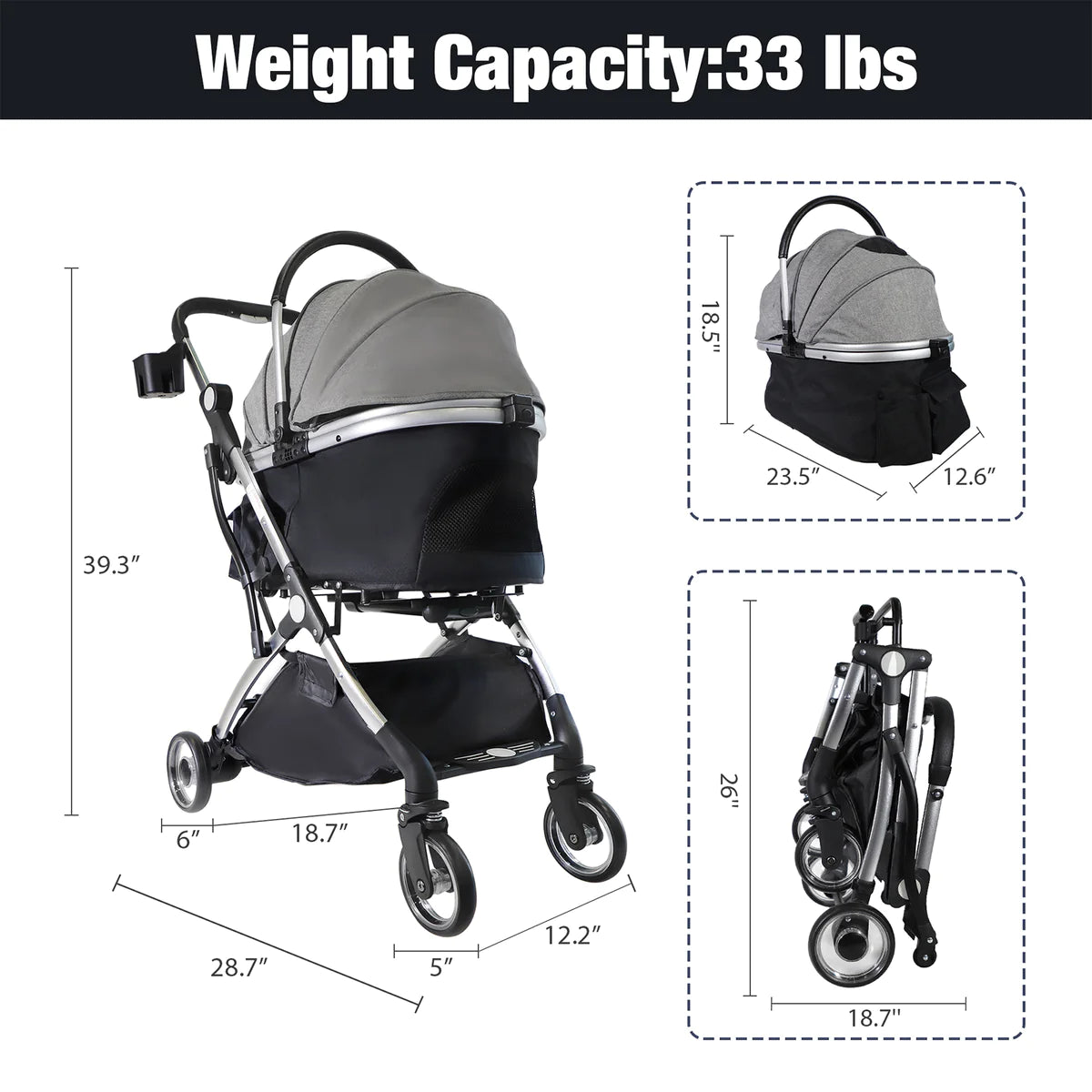 Pet Stroller for Small Dogs Cats, Stroller with Detachable Carrier, Telescopic Handle, One-Hand Quick Fold