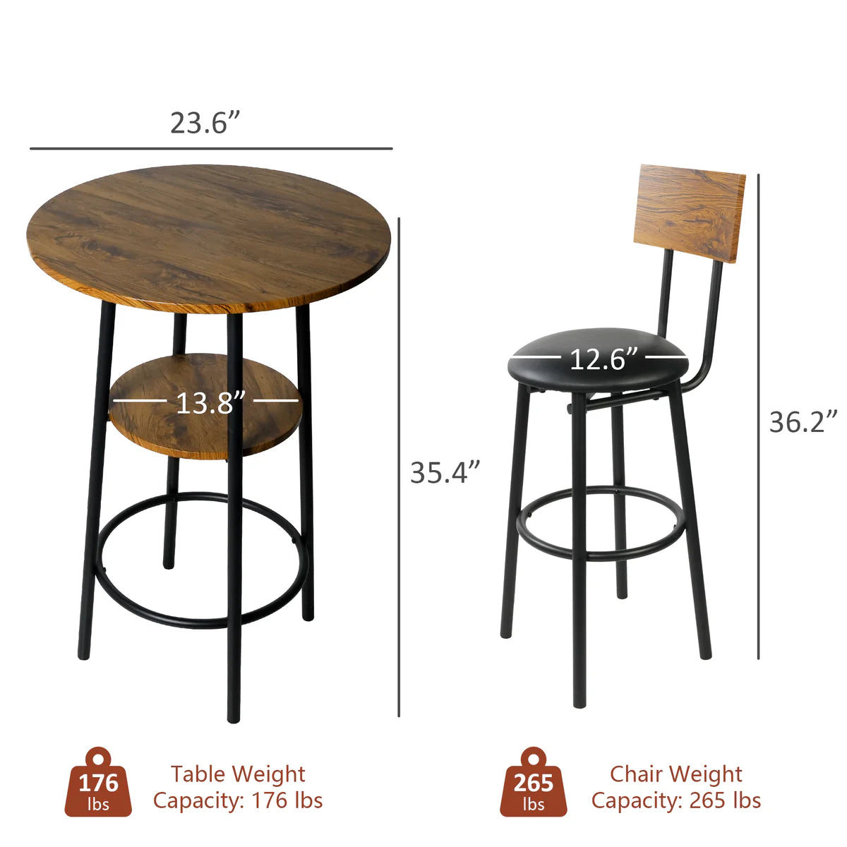 Round Bar Table Set, 2-Tier Table 23.6  for 2 with 2 Upholstered Bar Stools with Backrest