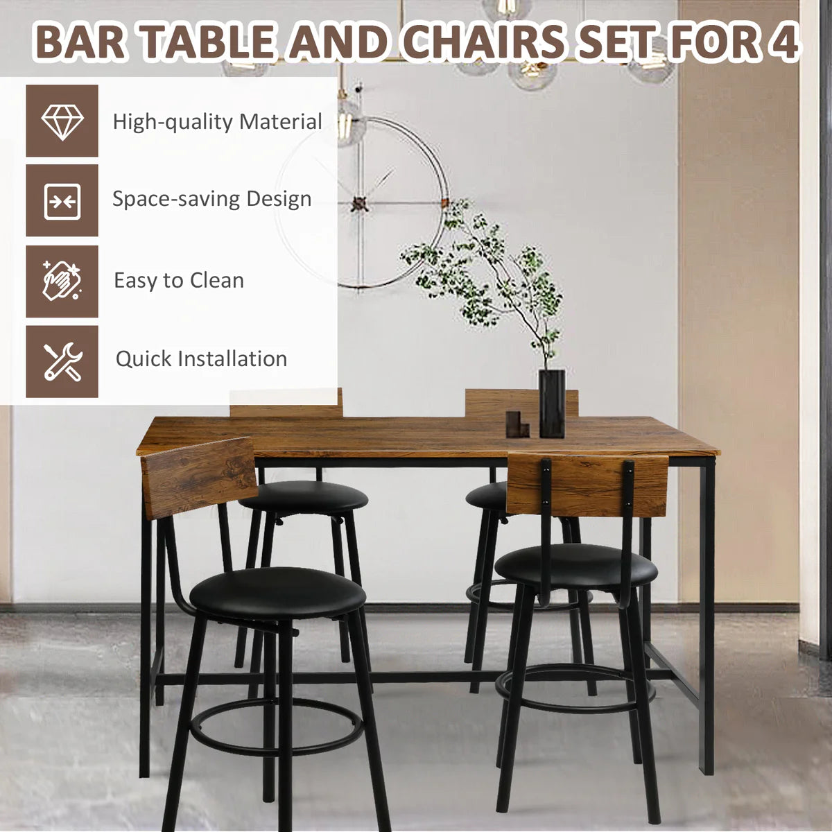 5 Piece Dining Bar Table Set, 1 Bar Table 47.3  for 4 with 4 Upholstered Bar Stools