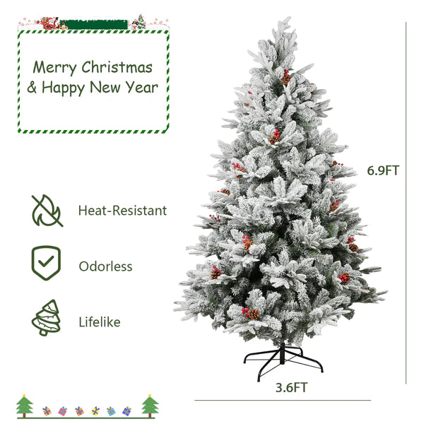 6.9' Artificial Christmas Tree with 1150 Branch Tips, Pine Cones and Red Berries, Snow Flocked, Green | karmasfar.com