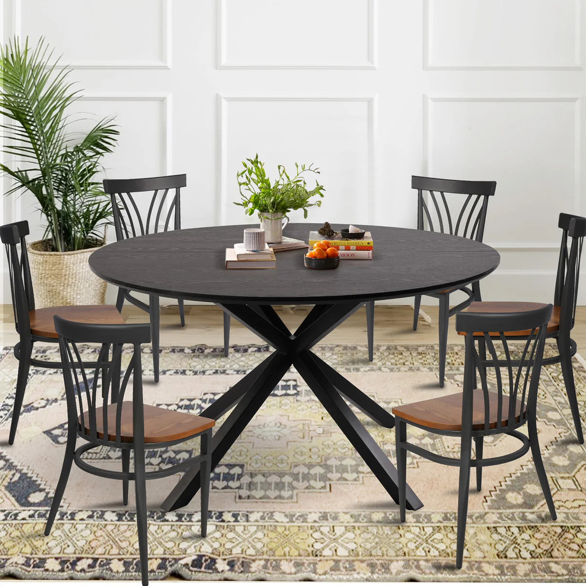 53  Round Mid-Century Modern Wooden Kitchen Dining Table for 4-6 with Solid Metal Leg, Black Wood Grain