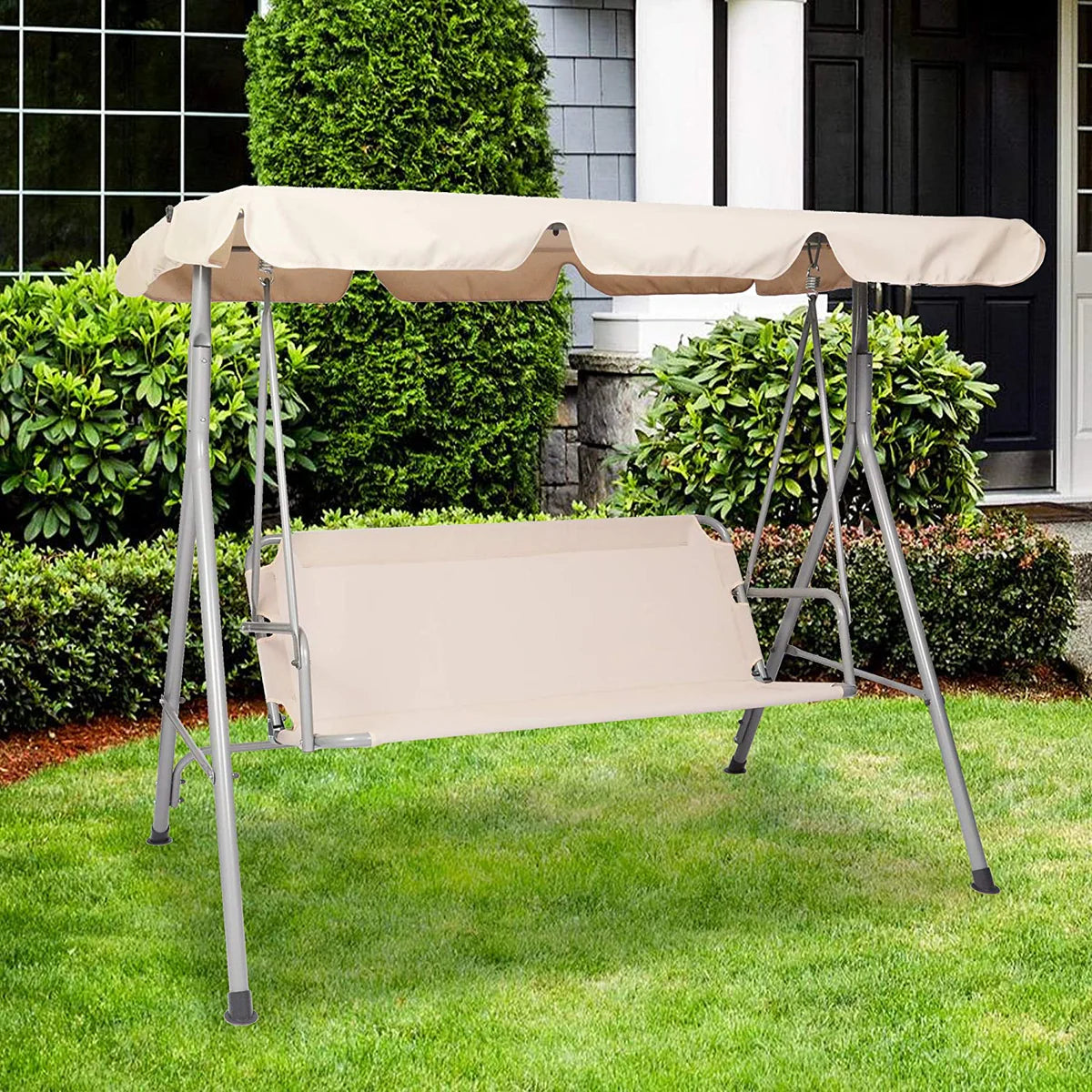 Patio Swing,3 Person Porch Swing with Stand and Waterproof Canopy All Weather Resistant Swing Bench (Beige)