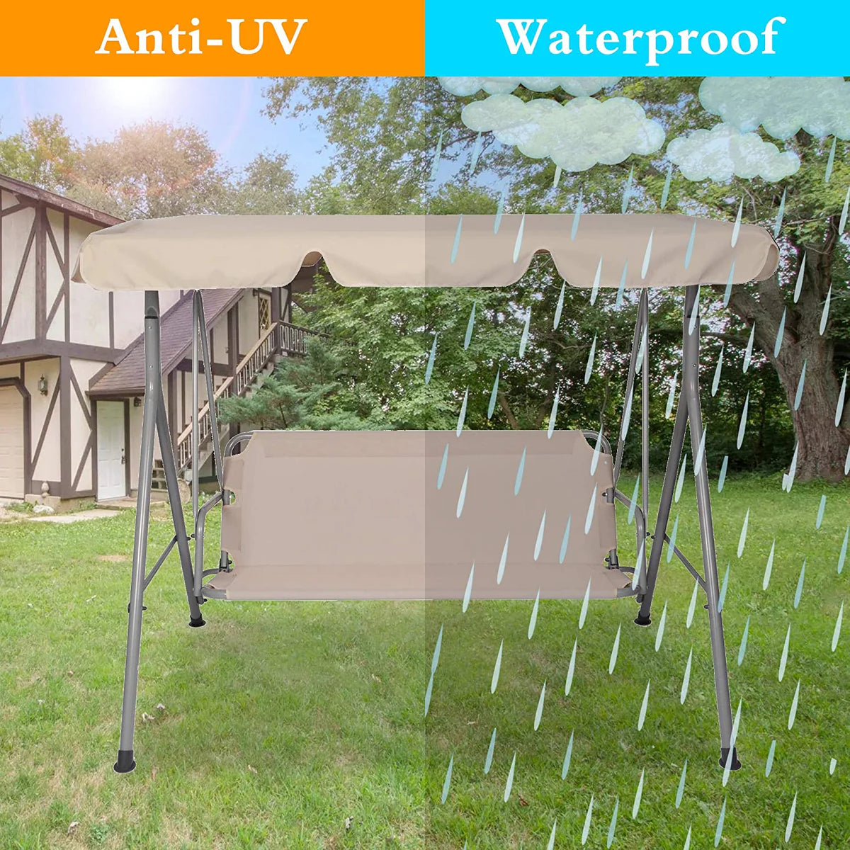 Patio Swing,3 Person Porch Swing with Stand and Waterproof Canopy All Weather Resistant Swing Bench (Beige)
