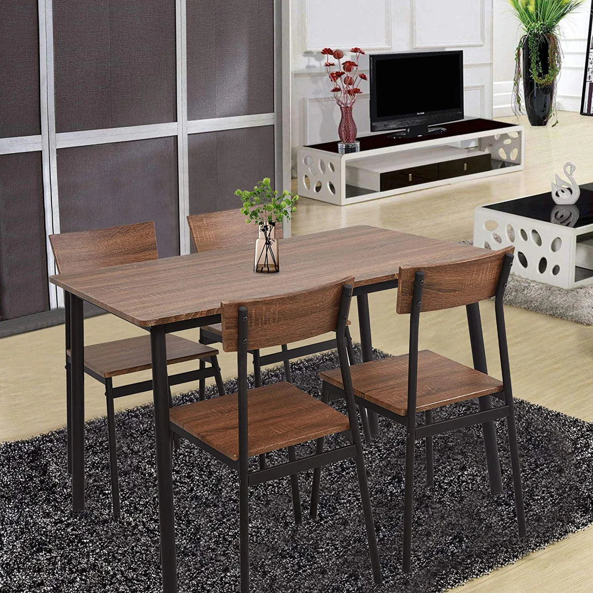 5 Piece Dining Table Set, 1 Dining Table 43.3  for 4 with 4 Dining Chairs Rustic Wooden Dinette, Wood Backrest