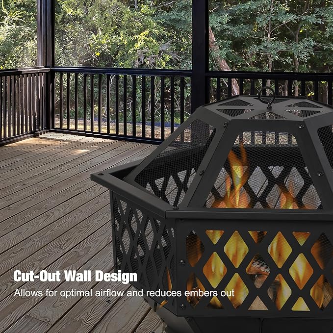 Outdoor Wood Burning Hexagon Fire Pit with Steel,Wood Grate for Patio, Spark Screen, Black