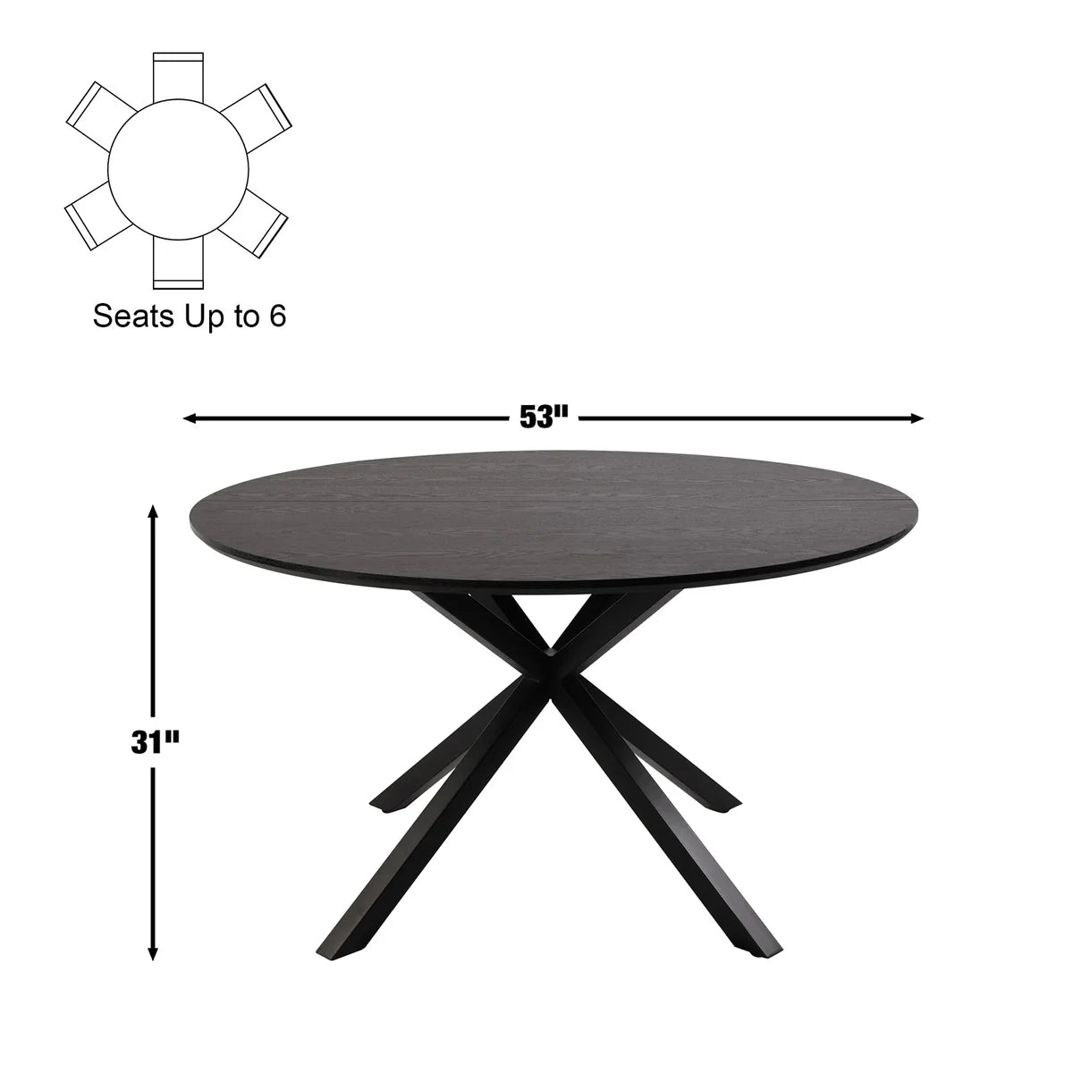 53  Round Mid-Century Modern Wooden Kitchen Dining Table for 4-6 with Solid Metal Leg, Black Wood Grain