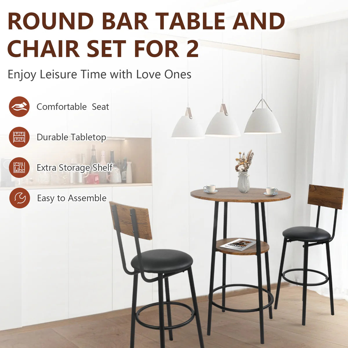 Round Bar Table Set, 2-Tier Table 23.6  for 2 with 2 Upholstered Bar Stools with Backrest