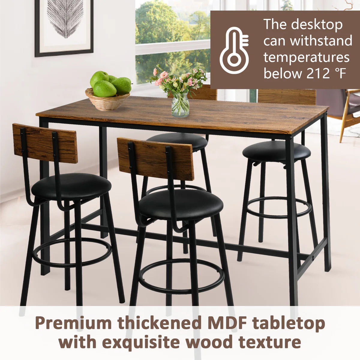 5 Piece Dining Bar Table Set, 1 Bar Table 47.3  for 4 with 4 Upholstered Bar Stools