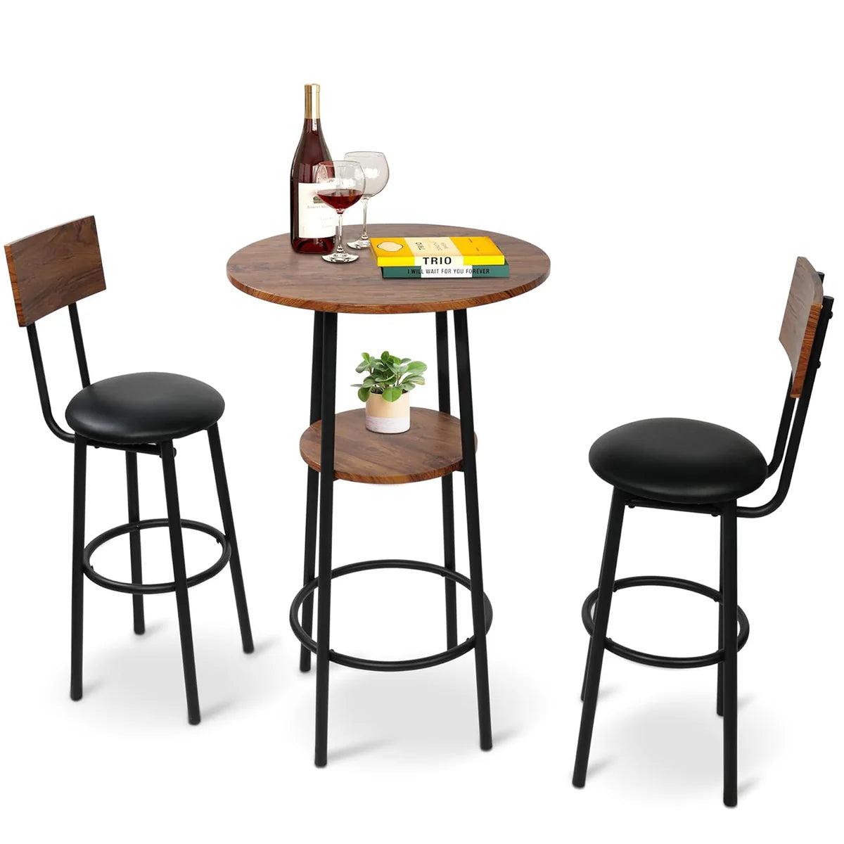 Round Bar Table Set, 2-Tier Table 23.6  for 2 with 2 Upholstered Bar Stools with Backrest