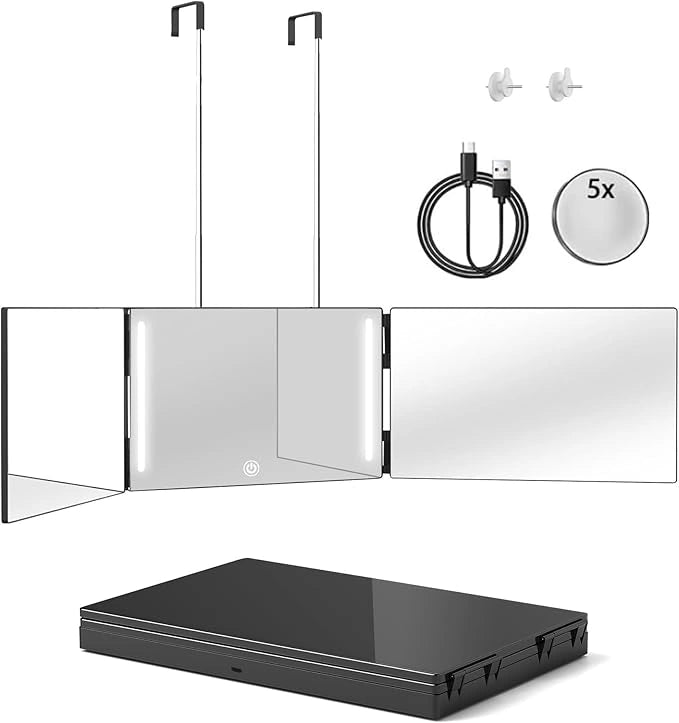 3 Way Haircut Mirror, Three Sided Barber Mirror with Adjustable Telescoping Hooks, 360 Trifold Mirror for Self Hair Cutting