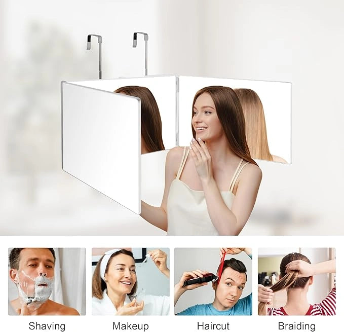 3 Way Haircut Mirror, Three Sided Barber Mirror with Adjustable Telescoping Hooks, 360 Trifold Mirror for Self Hair Cutting