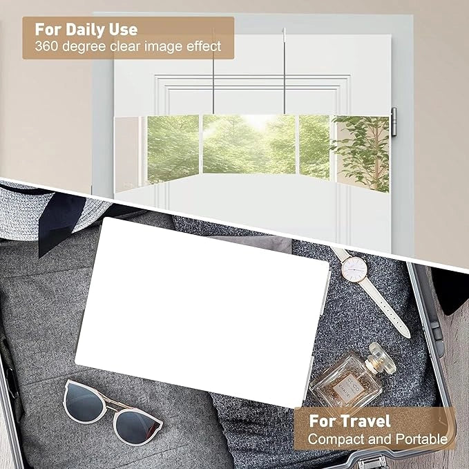 3 Way Haircut Mirror, Three Sided Barber Mirror with Adjustable Telescoping Hooks, 360 Trifold Mirror for Self Hair Cutting