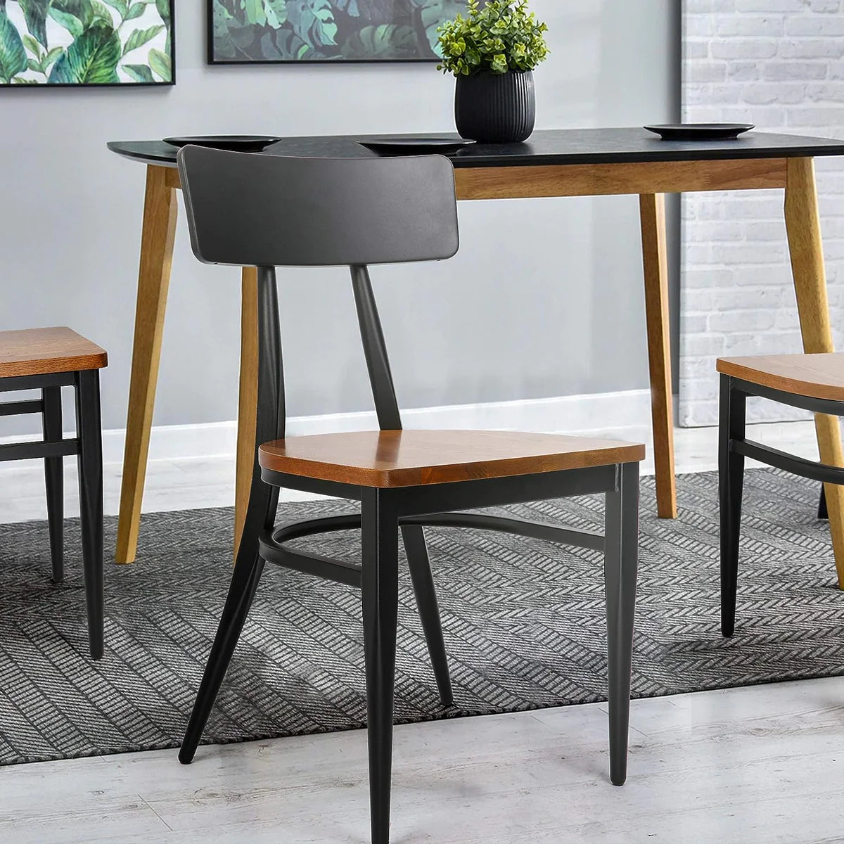 2 Set of Dining Chairs Wood Seat with Simple Back Metal Legs, π Back Black| karmasfar.us


