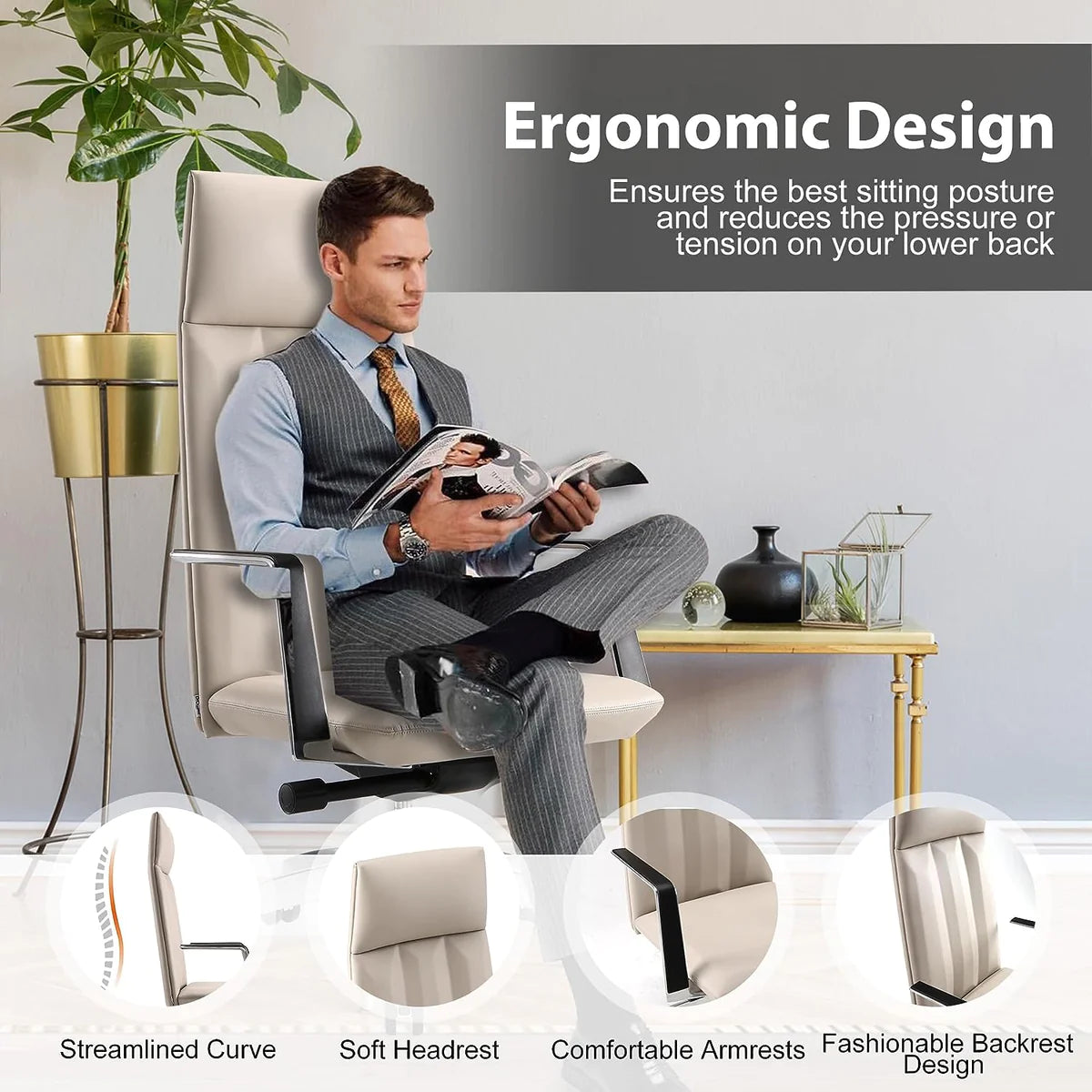 Office Chair Ergonomic Leather Chairs with Headrest for Home Office，High Back ，360 Degree Swivel | karmasfar.us