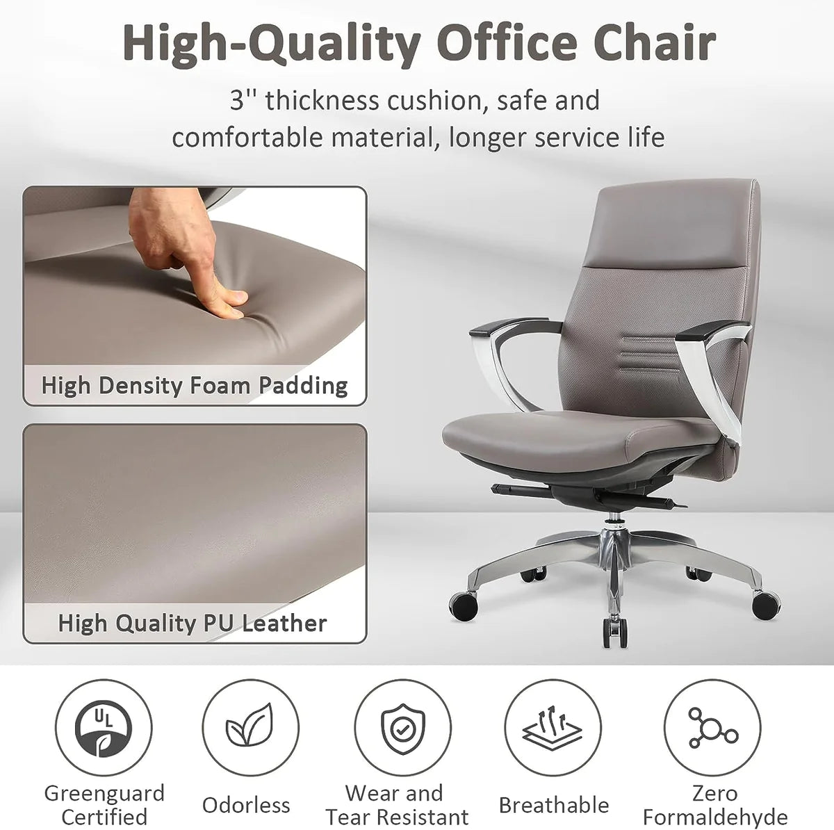 Executive Office Chair Ergonomic Leather Chairs with Tilt and Height Adjustable for Home Office, Gray | karmasfar.us